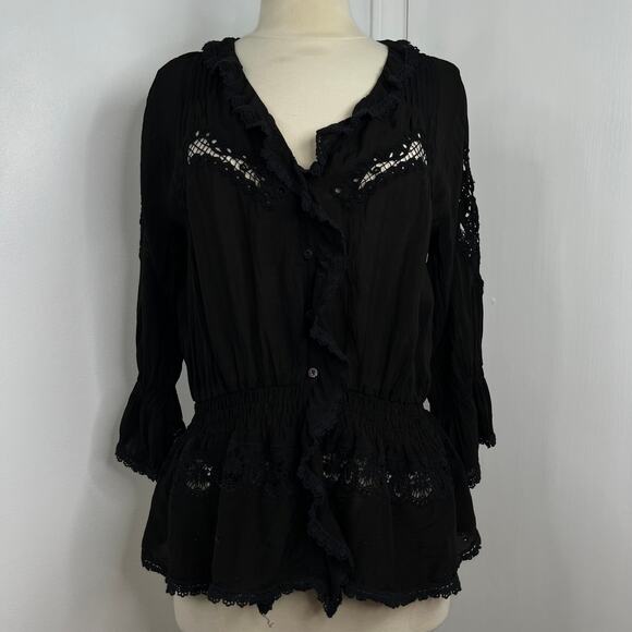 JohnnyWas Women's Sheer Blouse Black Lace Ruffle Neckline Button Down Size Small - Picture 4 of 16